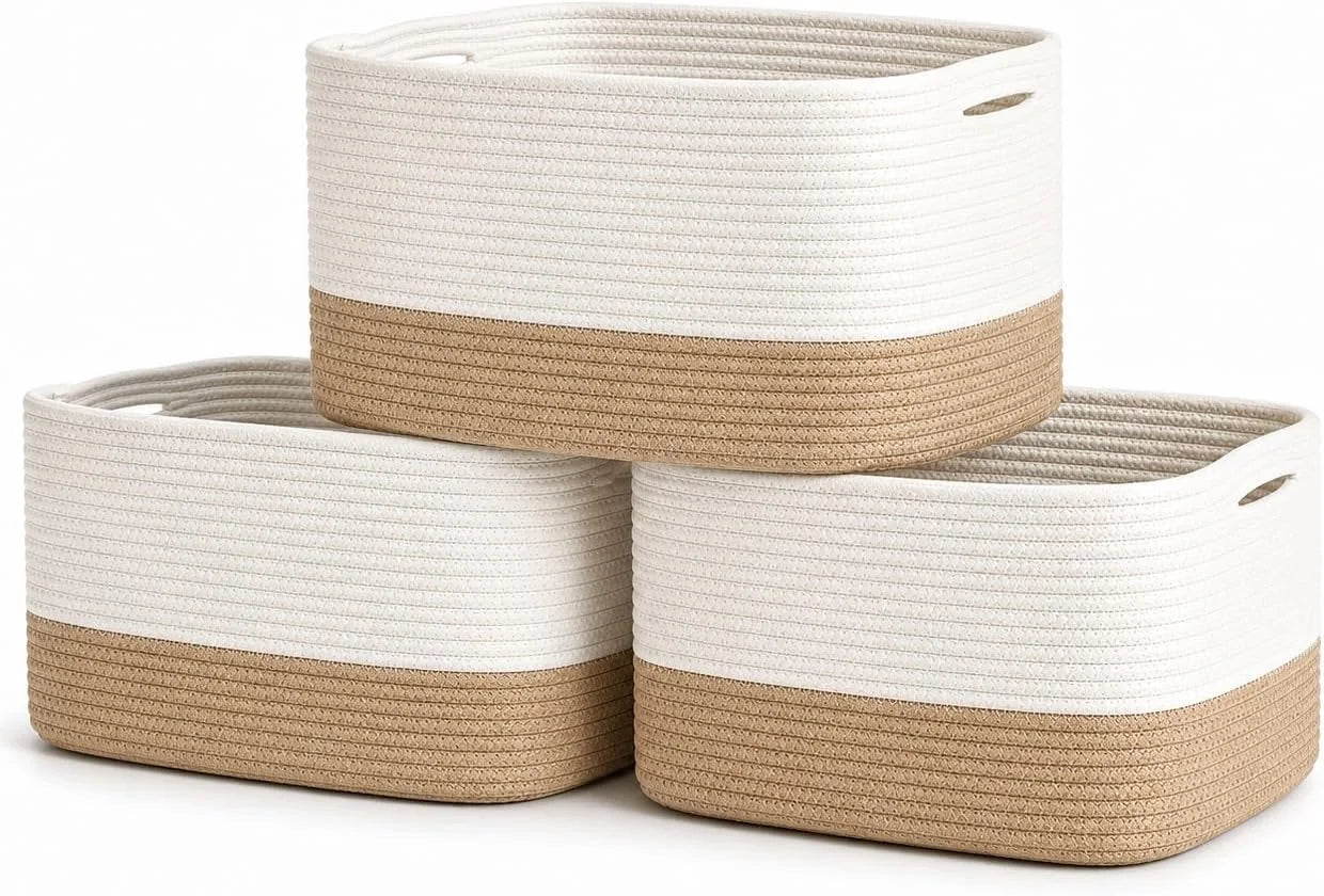 Discount OrganiHaus Cotton Rope Baskets for Shelves, Set of 3, 15x9x10, Handwoven, a toy bin and organizer for towels