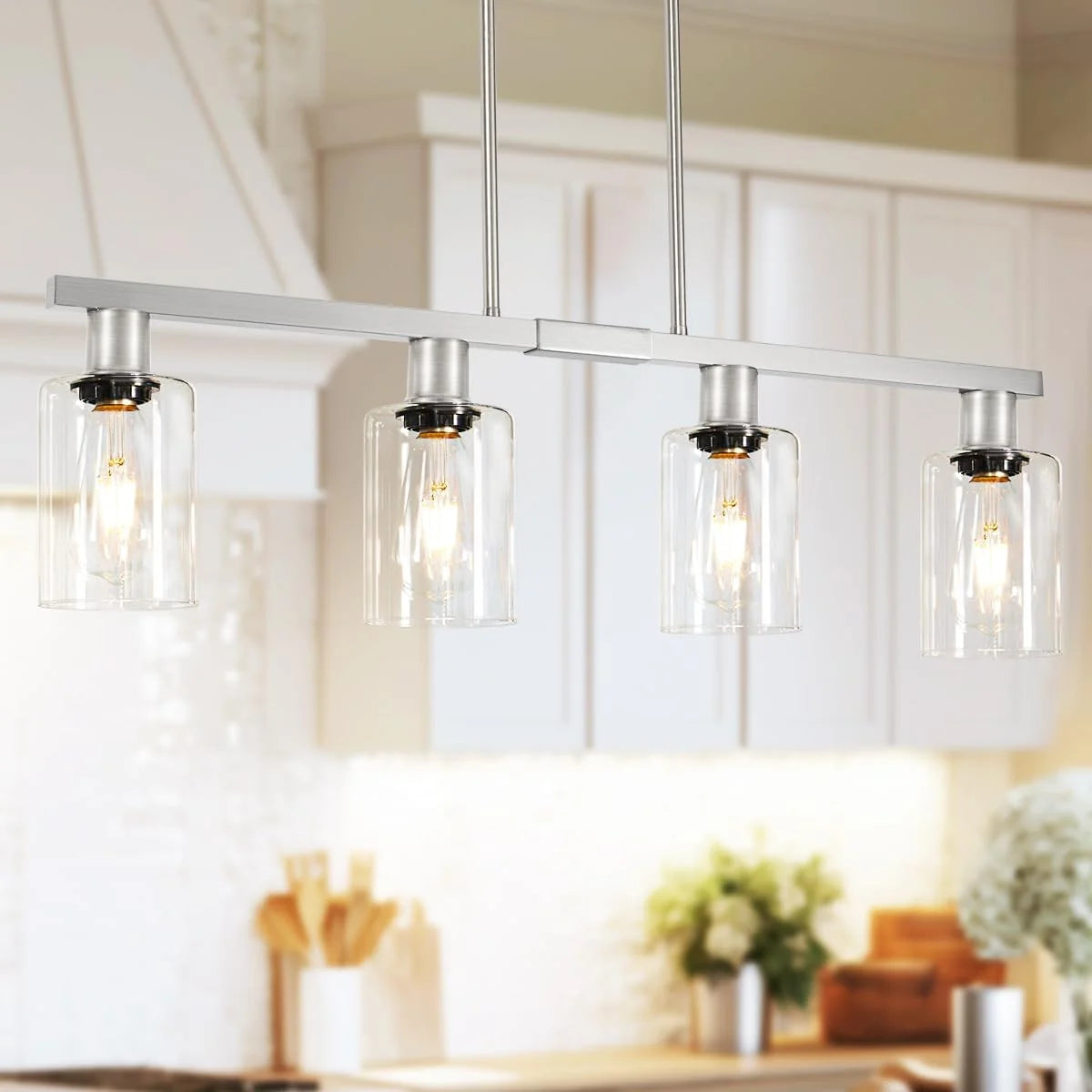 Discount Kitchen Island Lighting, Farmhouse Chandelier with Adjustable Height & Clear Glass Shades - Image 11