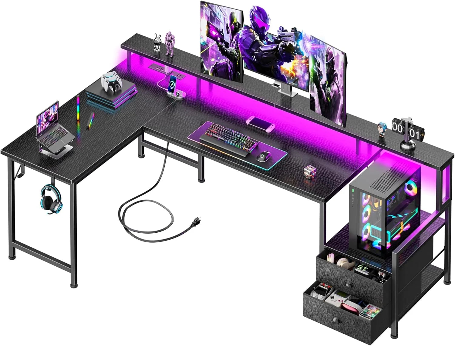 Discount 66” L Shaped Gaming Desk with Drawers and Storage Shelves, Reversible Corner Desk with Power Outlets and Host - Image 2