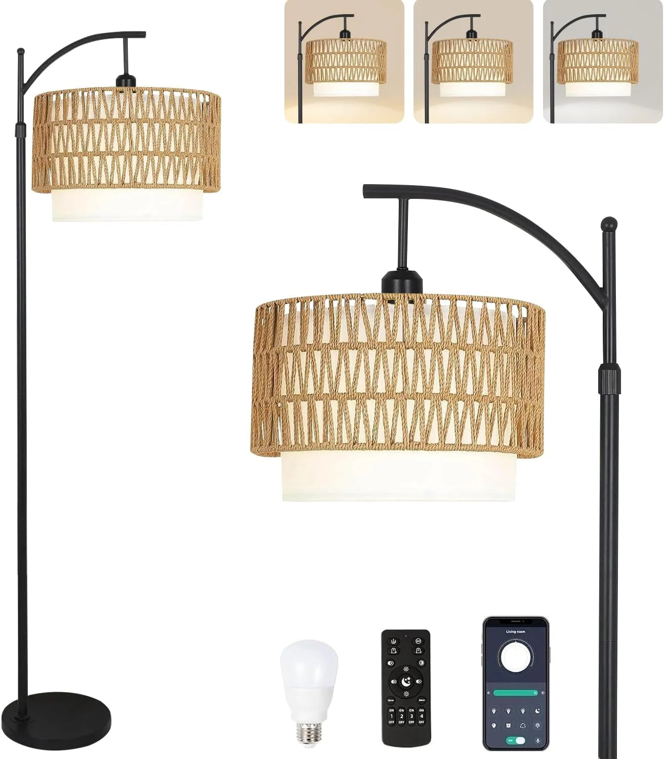 Discount Floor Lamp for Living Room Rattan Boho Floor Lamp with Remote Control, Dimmable, 3-Color Temperature - Image 13