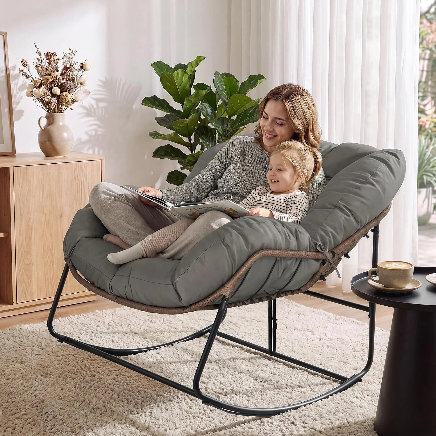 Discount Bifanuo Oversized Egg Rocking Chair for Indoor/Outdoor – All-Weather Wicker Rattan Lounge Chair with Cushion - Image 4