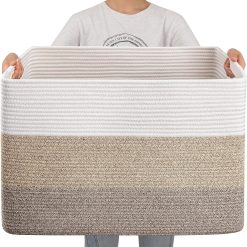 Discount Blanket Basket, 25”x16”x16”(108L) Rectangle Woven Storage Baskets, Cotton Rope Basket For Living Room