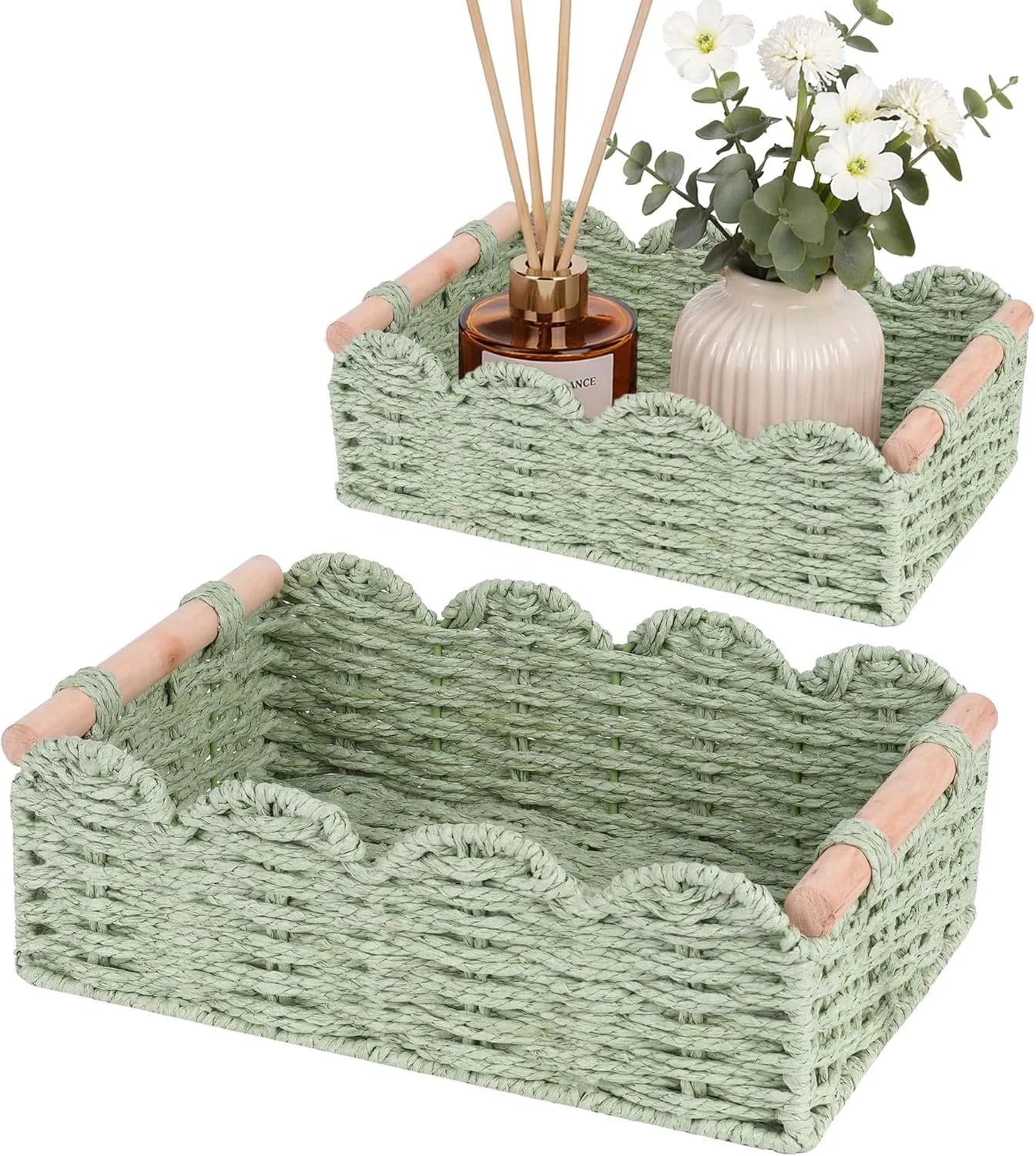 Discount Storage Organizing Baskets, Set of 2 Scalloped Edge Wicker Basket with Wooden Handles Toilet Paper - Image 7
