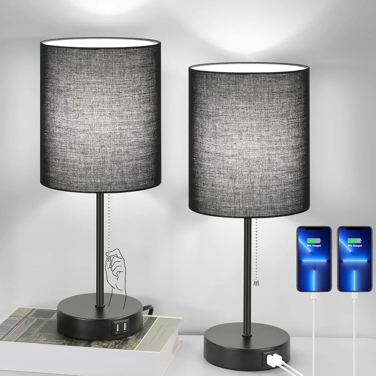 Discount 17.3" Table Lamps Set of 2 with 2 USB & AC Outlet, Pull Chain - Image 3