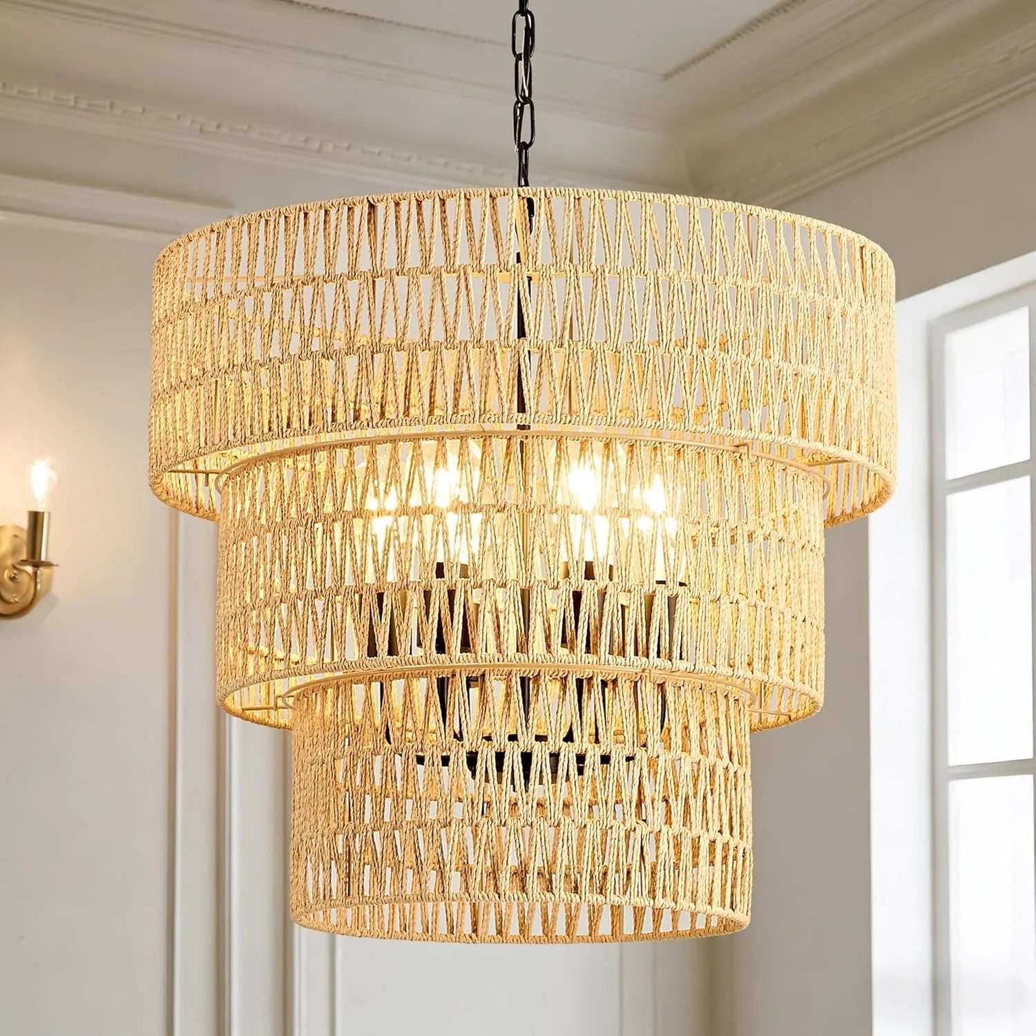 Discount Large Farmhouse Chandeliers for Dining Room, 6-Light 19.7″ Rattan Boho Chandeliers with Wicker Lampshade