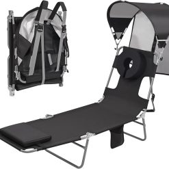 Discount Beach Tanning Lounge Chair with Canopy Shade Face Hole Padded Adjustable Washable, 6 Position Layout Chair