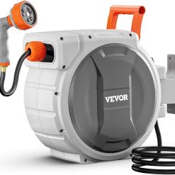 Discount VEVOR Retractable Garden Hose Reel, 1/2 in x 50 ft, Wall Mounted Hose Reel with 9-Function Sprayer Nozzle and 180°