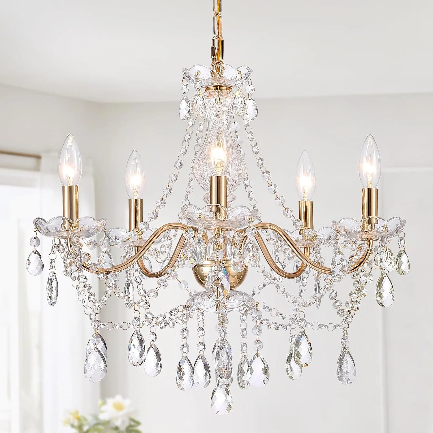 Discount Crystal Gold Chandelier, 5 Light, Glass Crystal Hanging Pendant Lighting - Image 3
