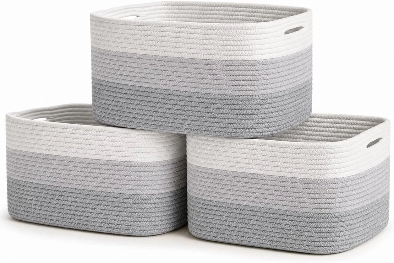 Discount OrganiHaus Cotton Rope Baskets for Shelves, Set of 3, 15x9x10, Handwoven, a toy bin and organizer for towels - Image 11