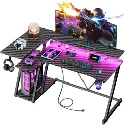 Discount 40 Inch Gaming Desk with Power Outlet & LED Lights, L Shaped Computer Gaming Table with 3 Tiers Storage Shelves