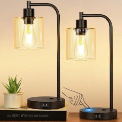 Discount Set of 2 Industrial Touch Control Table Lamps with USB C+A Ports and AC Outlet, Dimmable, Bulb Included