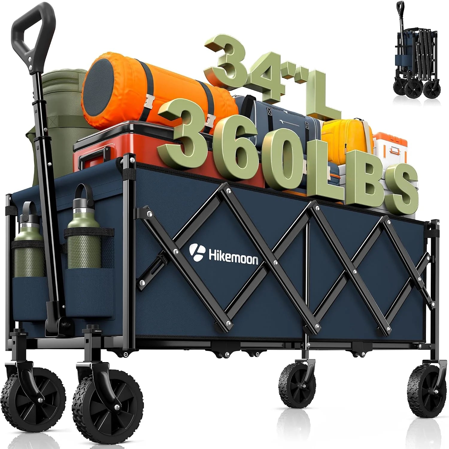 Discount 34” Extra Long Folding Portable Wagon Cart, 120L 360LBS Black, Heavy Duty - Image 2