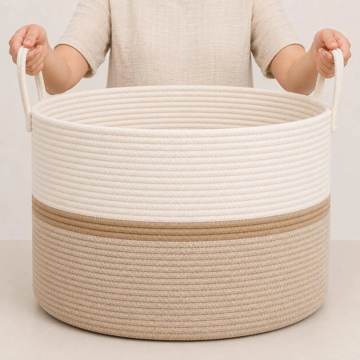 Discount OrganiHaus Round Toy Basket & Blanket Basket, Cotton Rope 20×13, Full Honey, Round Cotton Rope Basket, 20×13 - Image 8