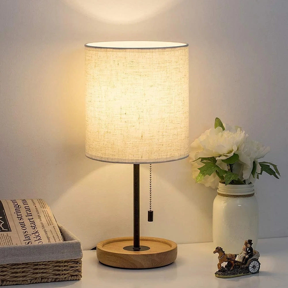Discount Bedside Table Lamp, Modern Nightstand Lamp with Linen Fabric Shade Wooden Desk Lamps for Bedrooms