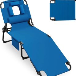 Discount 400lbs Tanning Chair with Face Hole, 5-Position Folding Chaise Lounge Chair with Side Pockets